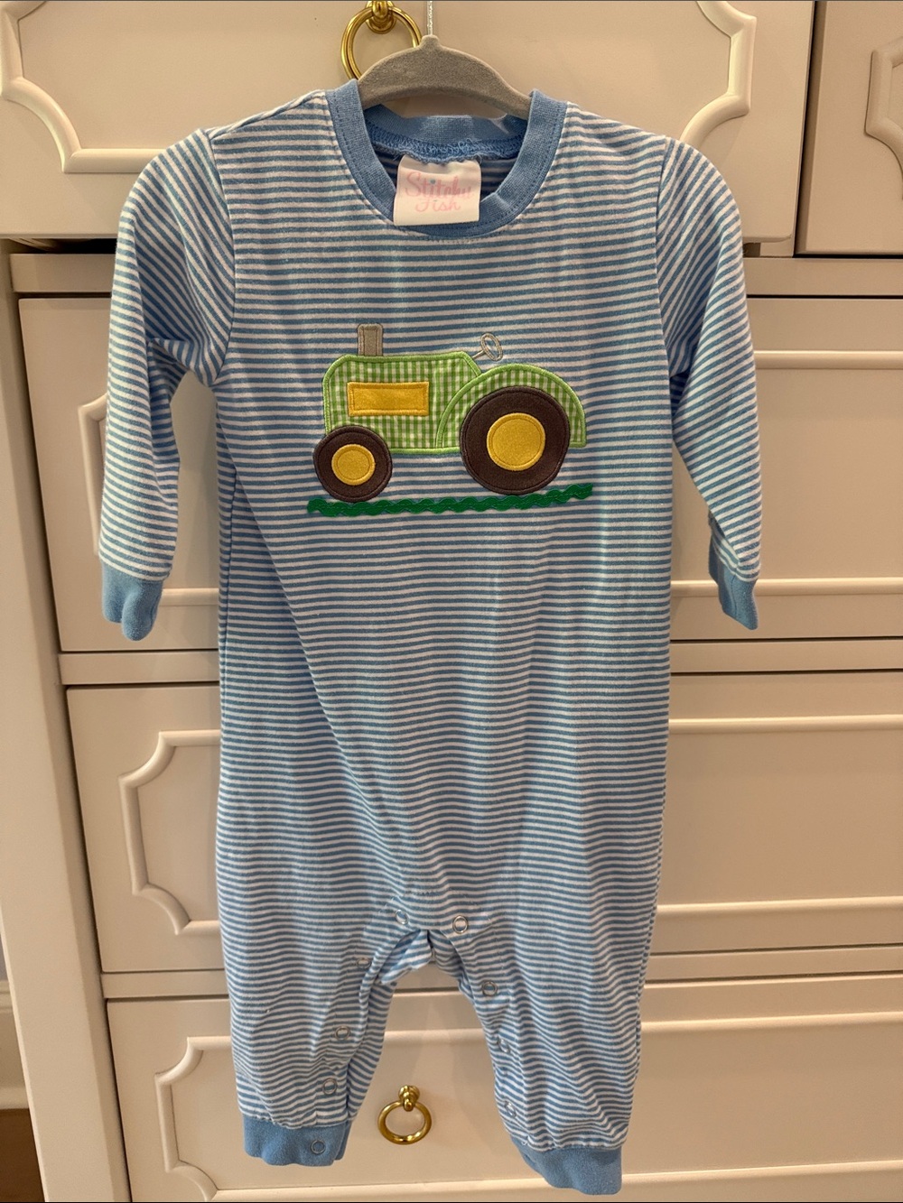Blue Striped Baby Footie with Green Tractor Applique